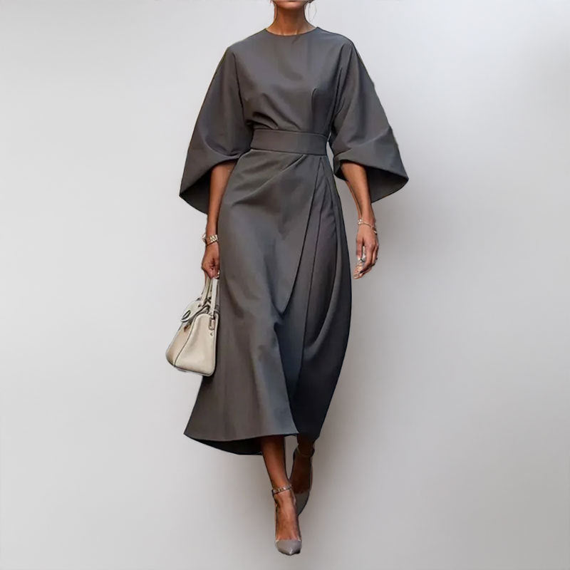 CM | Vestido largo para mujer - aspecto satinado - mangas murciélago - corte entallado - silueta drapeada