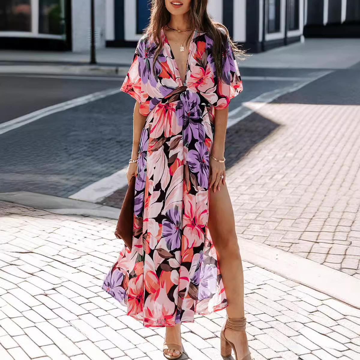 CM | maxi vestido de mujer - estampado floral - cuello en V envolvente - cintura alta - abertura lateral - mangas cortas