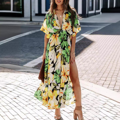 CM | maxi vestido de mujer - estampado floral - cuello en V envolvente - cintura alta - abertura lateral - mangas cortas