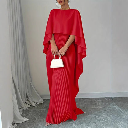 CM | Maxivestido de mujer - Escote alto - Mangas murciélago - Falda plisada - Corte vaporoso