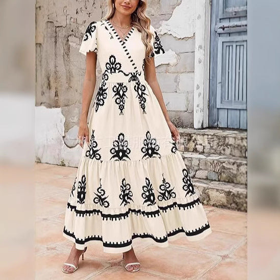 CM | maxi vestido de mujer - bohemio corte en A - estampado floral - cuello en V - manga corta