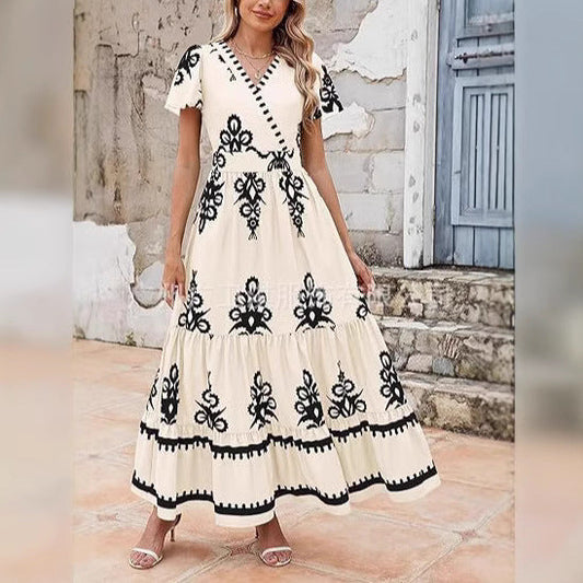 CM | maxi vestido de mujer - bohemio corte en A - estampado floral - cuello en V - manga corta
