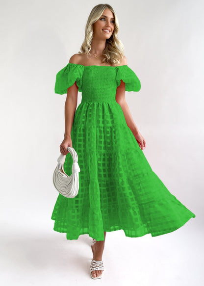 CM | Maxi vestido de mujer - hombros al descubierto - mangas abullonadas - cintura fruncida - falda con vuelo - mezcla transpirable
