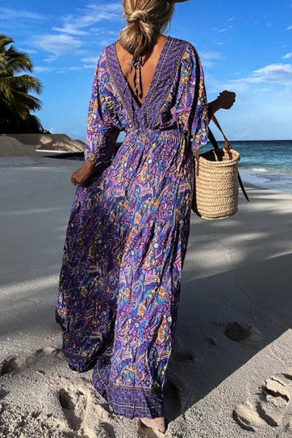 CM | maxi vestido manga murciélago con cuello en V y estampado paisley