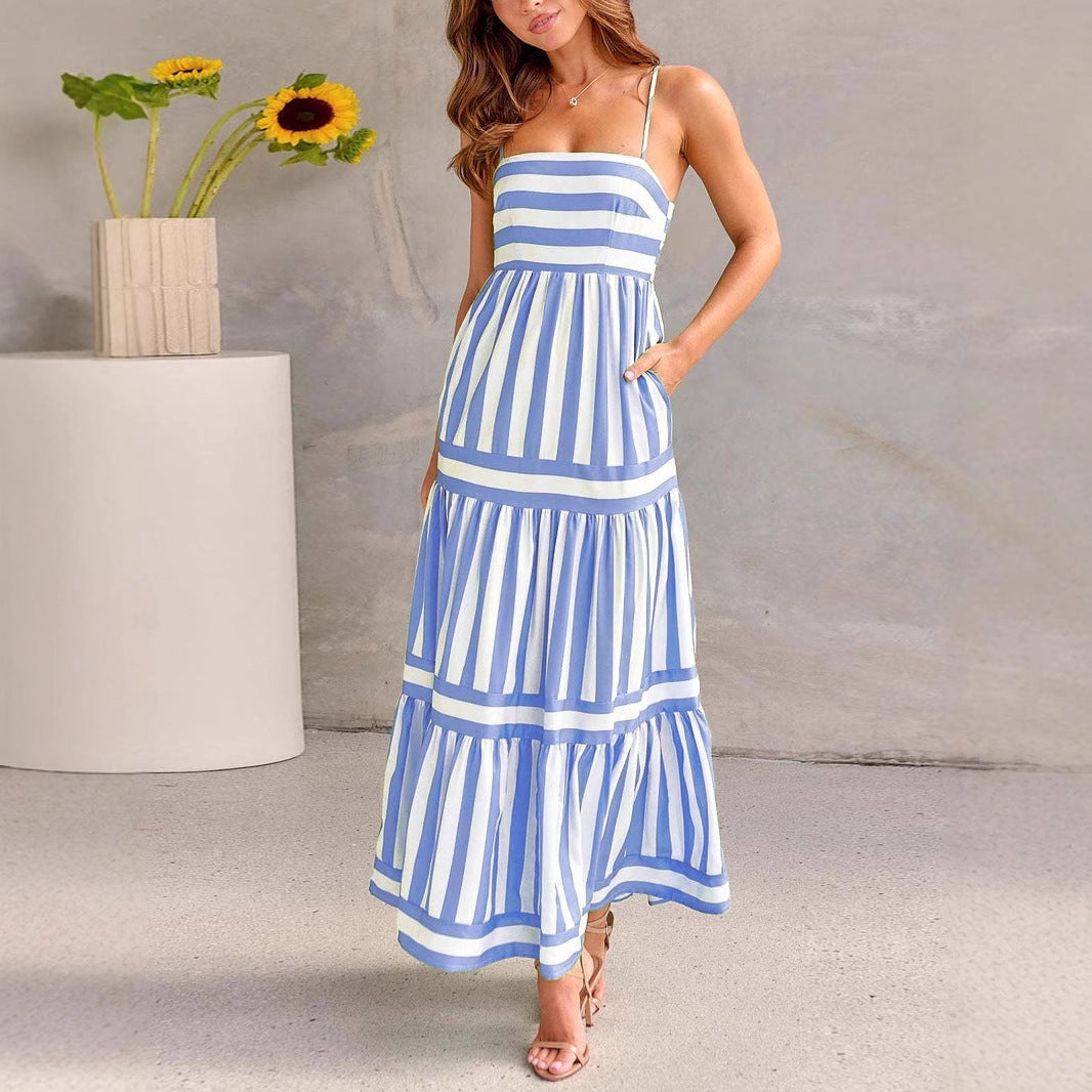 CM | Vestido de tirantes para mujer - Algodón ligero - Corte en A - Maxivestido de rayas