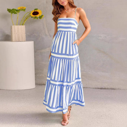 CM | Vestido de tirantes para mujer - Algodón ligero - Corte en A - Maxivestido de rayas