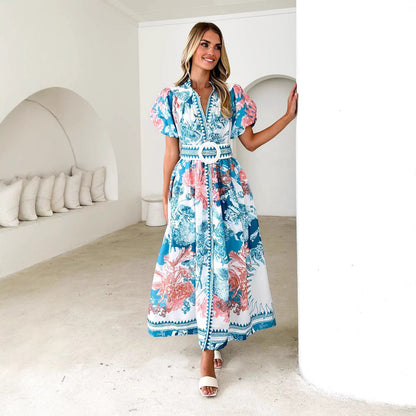 CM | Vestido largo para mujer - mangas abullonadas - lazo en la cintura - tapeta de botones - mezcla de algodón estampado