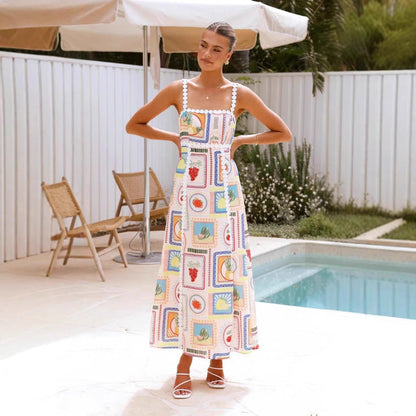 CM | Maxivestido de mujer - Estampado geométrico - Ribete de encaje - Corte fluido sin mangas