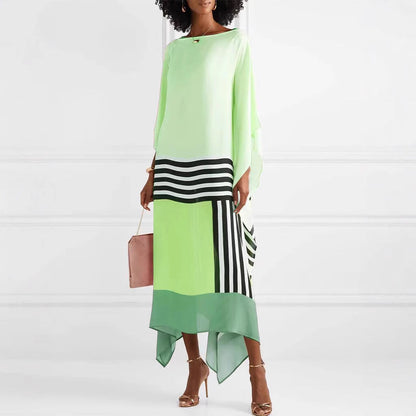 CM | Vestido maxi de mujer - un hombro - corte holgado - dobladillo asimétrico - inserciones de rayas