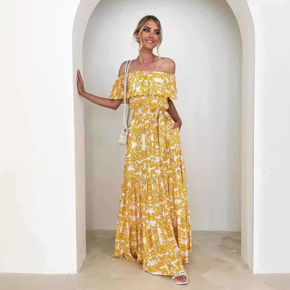 CM | maxi vestido de mujer - off-the-shoulder - escote de volantes - falda de rayas - cinturilla