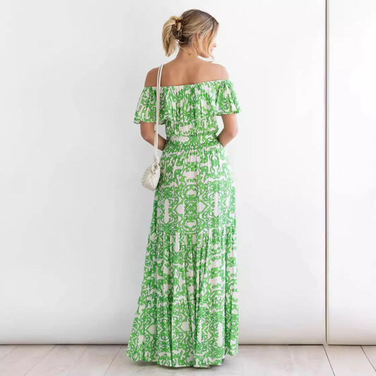 CM | maxi vestido de mujer - off-the-shoulder - escote de volantes - falda de rayas - cinturilla