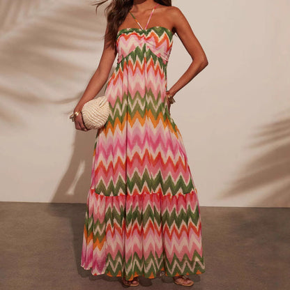 CM | maxi vestido de mujer - cuello halterneck - falda a capas - estampado zigzag - corte fluido