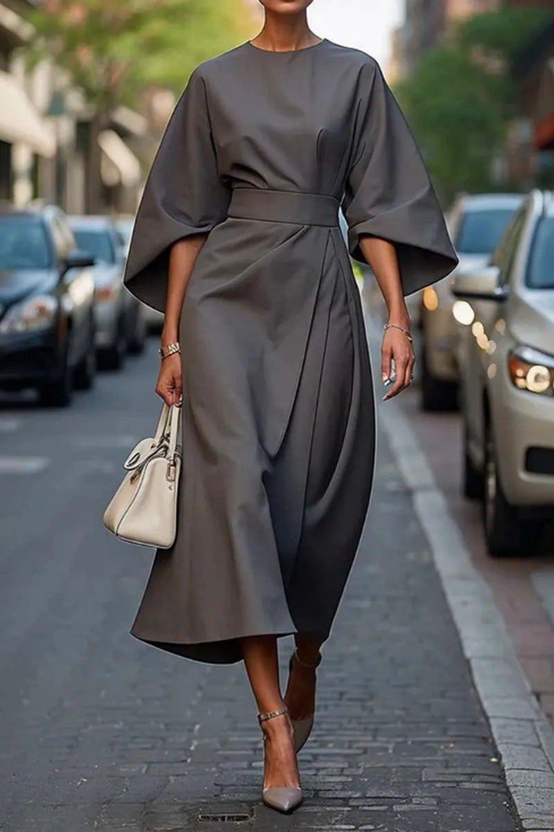 CM | Vestido largo para mujer - Tacto satinado - Mangas murciélago - Corte drapeado - Cinturón en la cintura