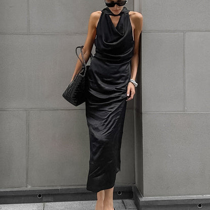 CM | Vestido midi de mujer con cuello haltern - Raso - Corte entallado - Escote drapeado - Traje formal