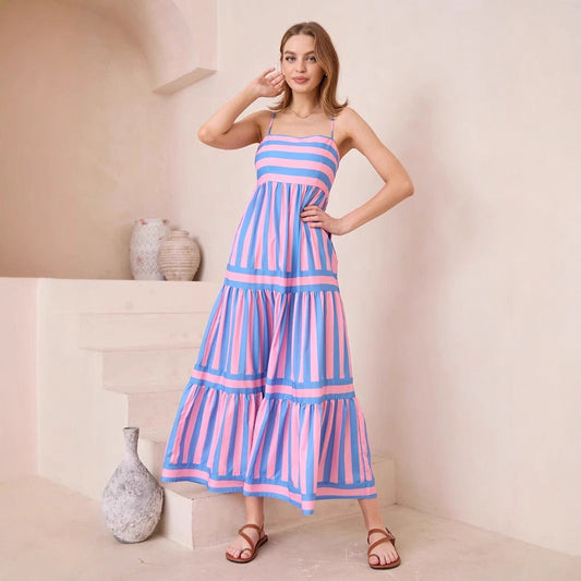 CM | Vestido de tirantes para mujer - Algodón ligero - Corte en A - Maxivestido de rayas