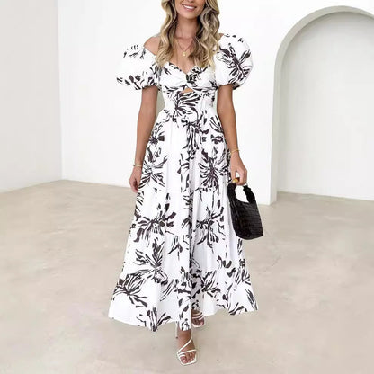 CM | Maxivestido de mujer - Algodón ligero - Mangas abullonadas - Pecho fruncido - Corte vaporoso