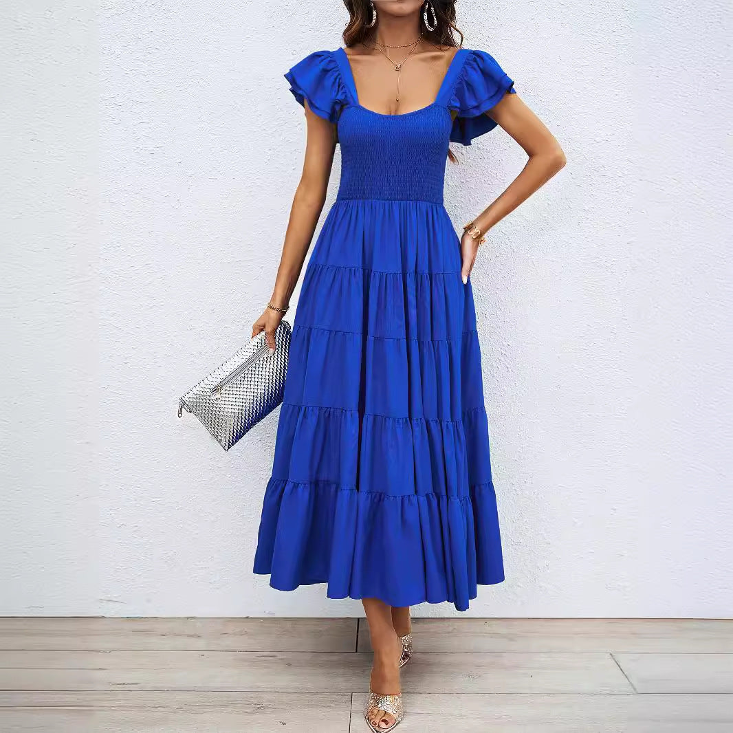 CM | Maxivestido de mujer - Top fruncido - Tirantes fruncidos - Línea en A - Mezcla transpirable