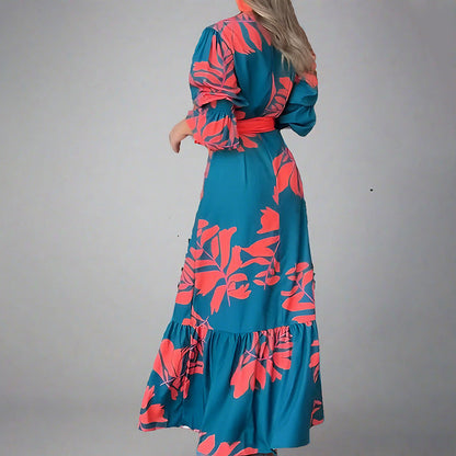 CM | maxi vestido de mujer - mangas abullonadas - cuello en V - cinturón en la cintura - estampado atrevido - tapeta de botones