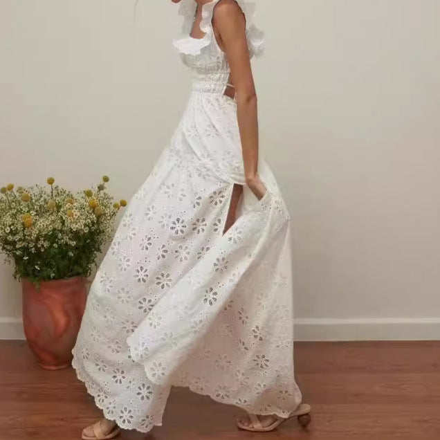 CM | Vestido largo de mujer - Ojal de algodón - Corpiño fruncido - Tirantes fruncidos - Abertura alta
