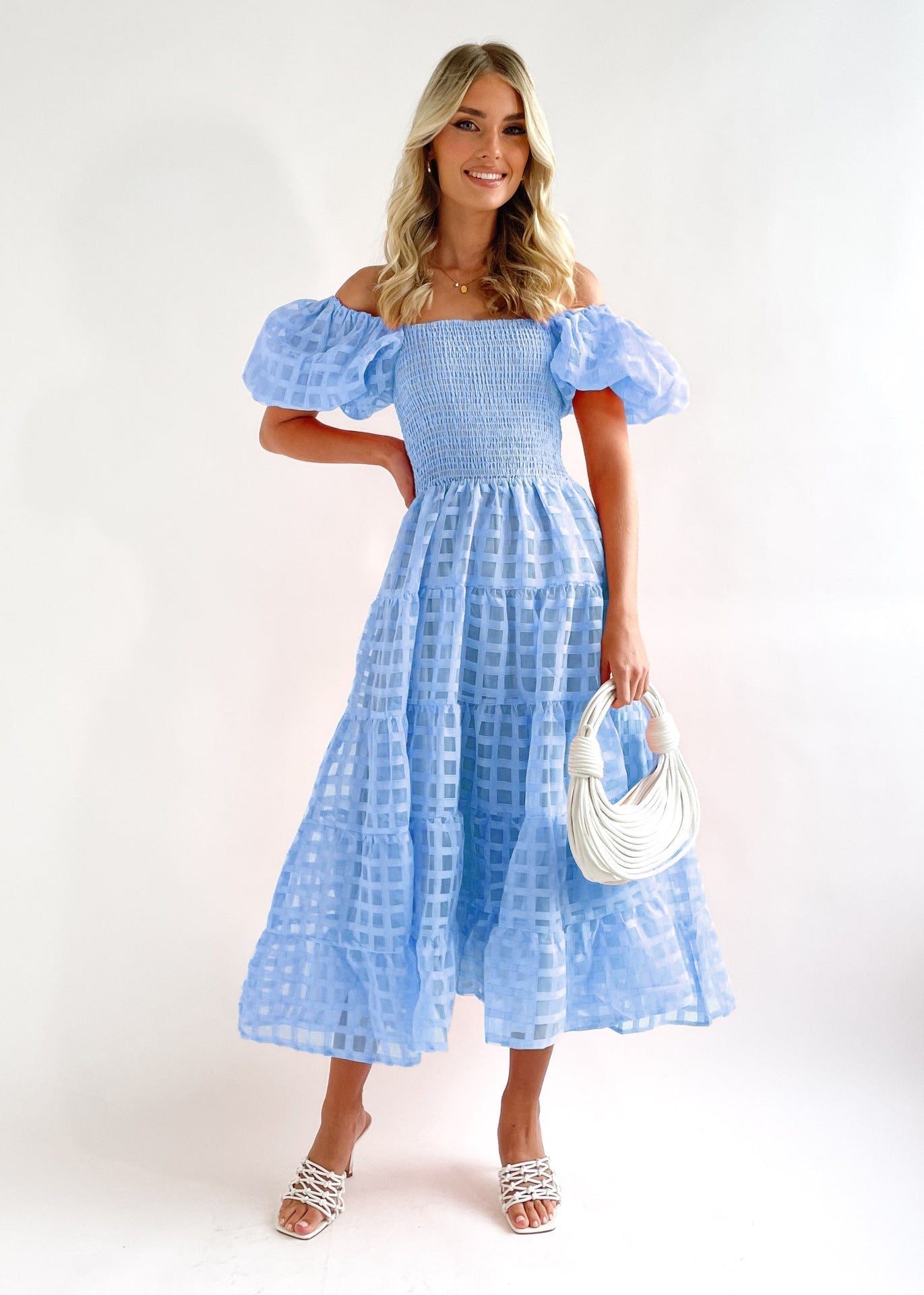 CM | Maxi vestido de mujer - hombros al descubierto - mangas abullonadas - cintura fruncida - falda con vuelo - mezcla transpirable