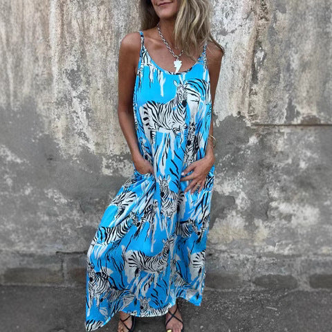 CM | Maxivestido de mujer - Corte relajado - Fibras naturales - Tirantes ajustables - Bolsillos - Estampado animal