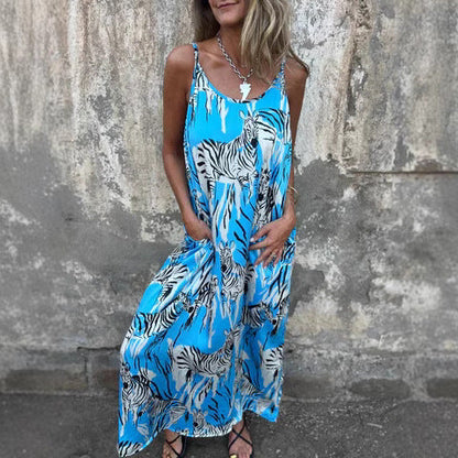 CM | Maxivestido de mujer - Corte relajado - Fibras naturales - Tirantes ajustables - Bolsillos - Estampado animal