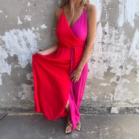 CM | Maxi vestido de mujer - Cuello halter - Cintura envolvente - Dobladillo asimétrico - Tejido de lujo