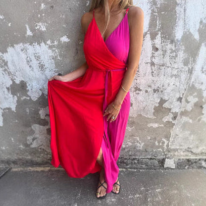 CM | Maxi vestido de mujer - Cuello halter - Cintura envolvente - Dobladillo asimétrico - Tejido de lujo