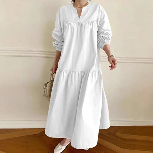 CM | Maxivestido de mujer - Mezcla de algodón y lino - Corte oversize - Cuello en pico - Mangas abullonadas