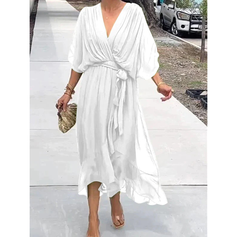 CM | Maxivestido de mujer - Corte holgado - Mangas murciélago - Cinturón de anudar - Bajo asimétrico