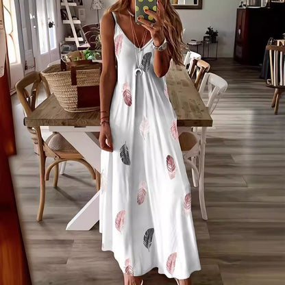 CM | Maxivestido de mujer - Estampado de hojas - Corte relajado - Cuello en V sin mangas - Mezcla transpirable