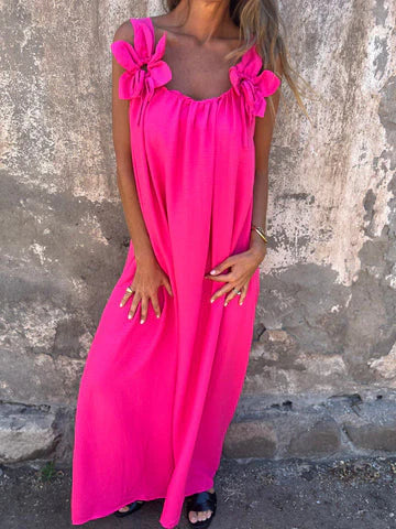CM | Maxivestido de mujer - Corte relajado - Silueta fluida - Detalle floral en el hombro - Tejido suave