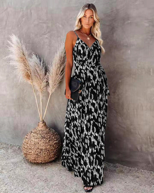 CM | Vestido Largo de Mujer - Top Slim Fit - Línea A - Cuello en V - Tirantes Espagueti - Estampado