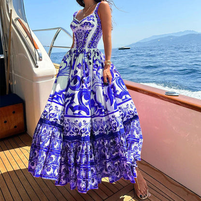 CM | maxi vestido de mujer - top entallado - falda con vuelo - mezcla transpirable - diseño estampado