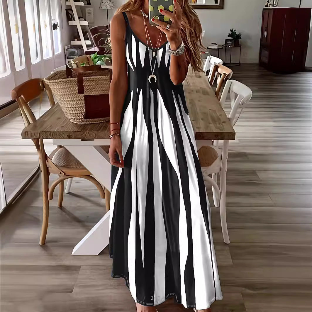 CM | Maxivestido de mujer - Cuello de pico - Rayas verticales - Tirantes ajustables - Corte fluido en forma de A - Mezcla de algodón