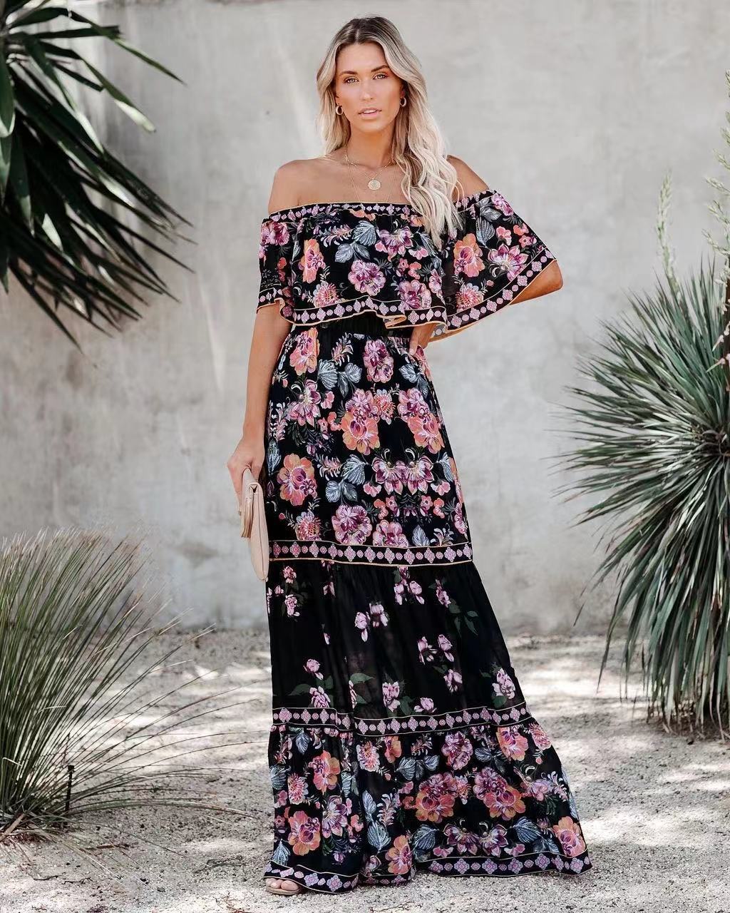 CM | Vestido largo estampado con cordones en la cintura