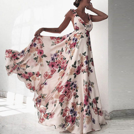 CM | Maxi vestido de mujer - Estampado floral - Escote redondo - Sin mangas - Espalda abierta - Corte vaporoso