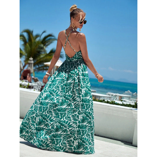 CM | Maxi vestido de mujer - Corte vaporoso - Cuello halter - Escote en V - Algodón