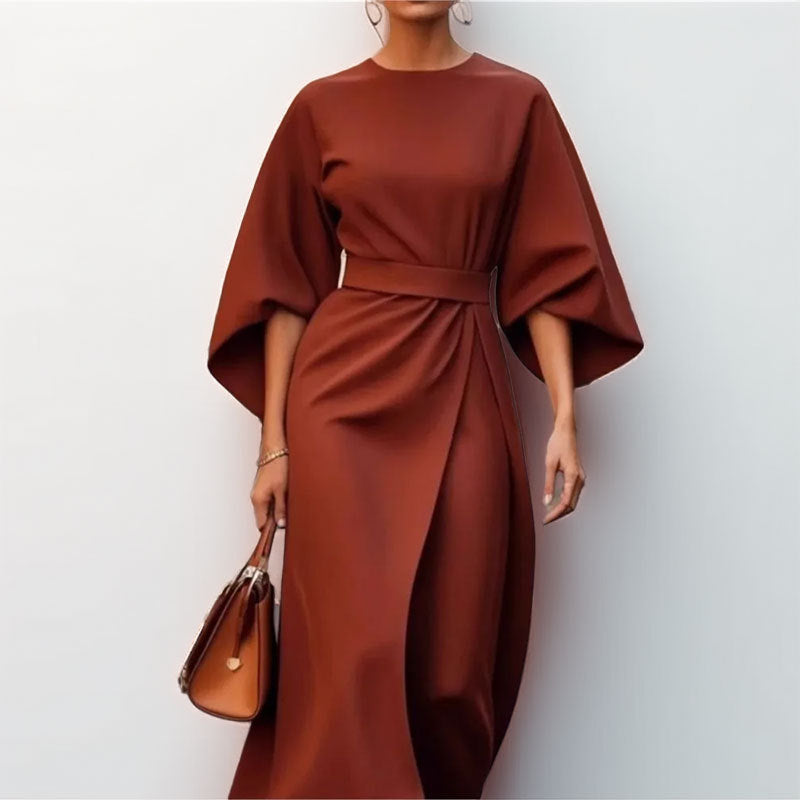 CM | Vestido largo para mujer - aspecto satinado - mangas murciélago - corte entallado - silueta drapeada