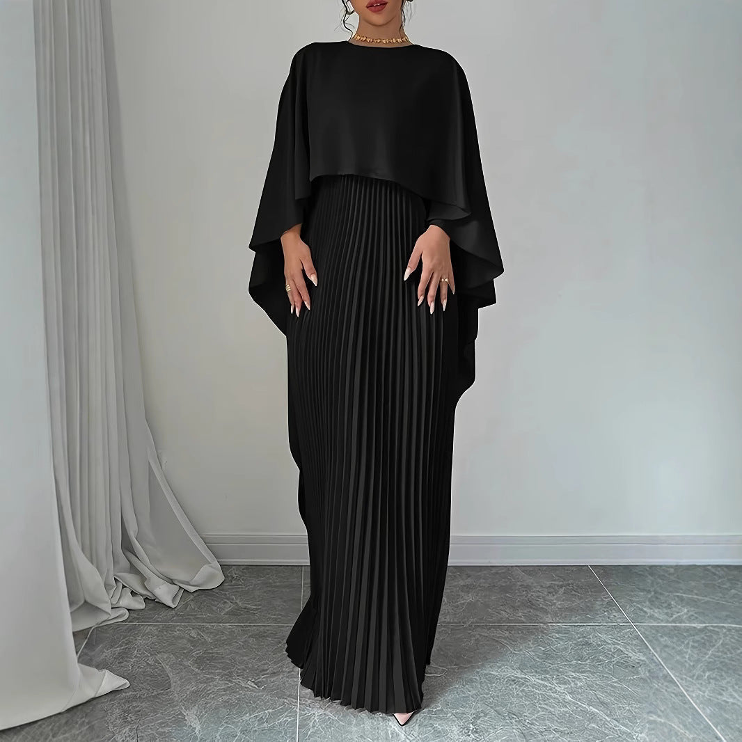CM | Maxivestido de mujer - Escote alto - Mangas murciélago - Falda plisada - Corte vaporoso