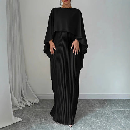 CM | Maxivestido de mujer - Escote alto - Mangas murciélago - Falda plisada - Corte vaporoso