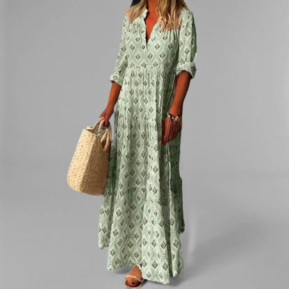 CM | maxi vestido de mujer - ligero - corte holgado - cuello en V - estampado vintage - mangas 3/4
