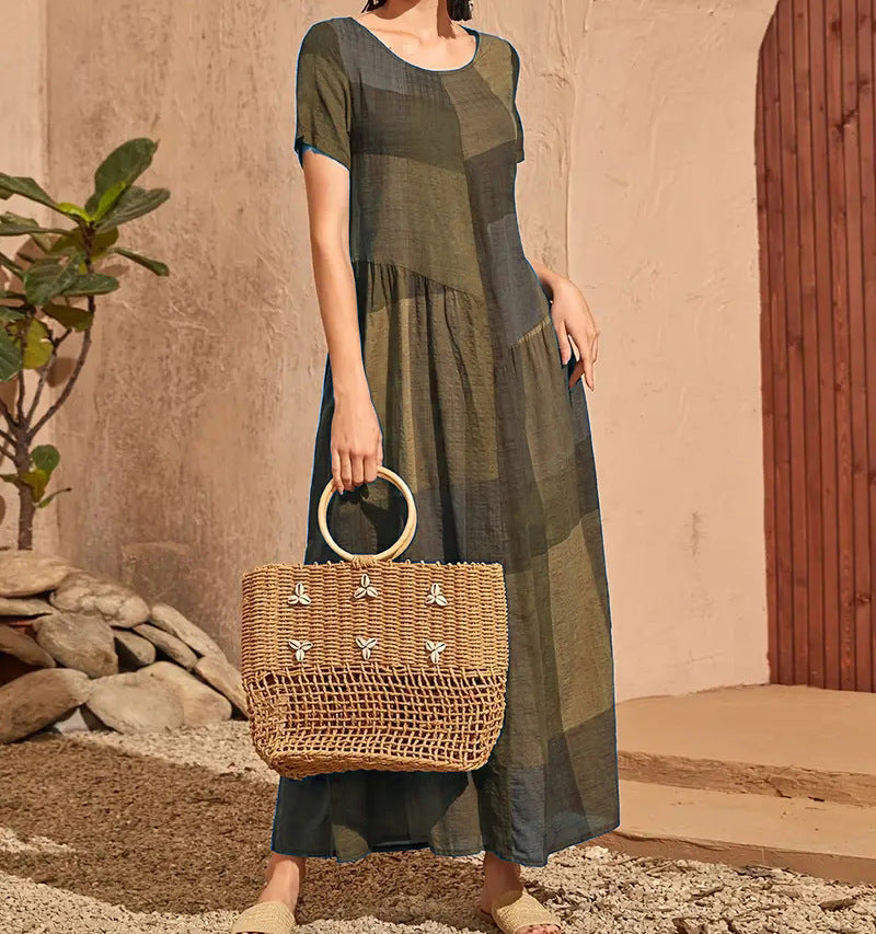 CM | Ladies Vestido largo - Línea A Corte holgado - Algodón - Estampado a cuadros - Manga corta Casual