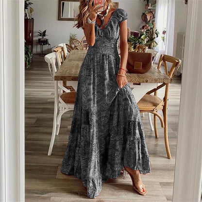 CM | Maxivestido de mujer - Cuello en pico - Top fruncido - Falda con vuelo - Mezcla de algodón - Corte relajado