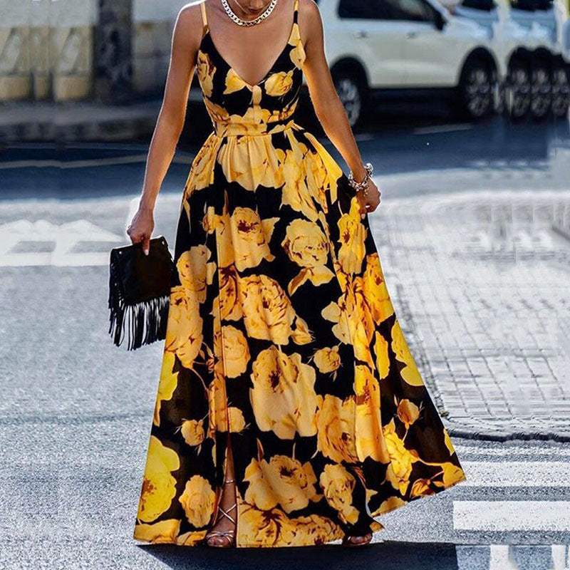 CM | maxi vestido de mujer - línea A - tirantes espagueti - escote pronunciado - diseño estampado
