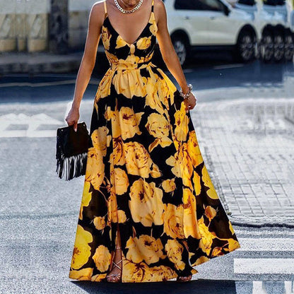 CM | maxi vestido de mujer - línea A - tirantes espagueti - escote pronunciado - diseño estampado