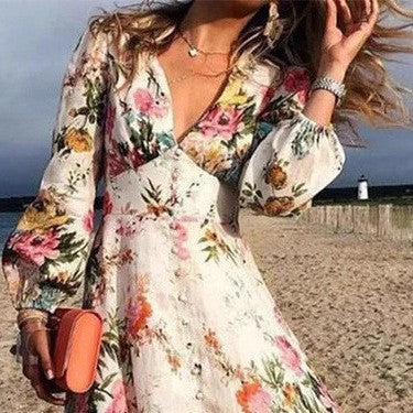 CM | Maxi vestido de mujer - Corte fluido en línea A - Escote profundo en V - Mangas largas - Estampado floral