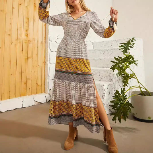 CM | Vestido largo para mujer - Línea A - Cuello en V - Mangas abullonadas - Mezcla transpirable