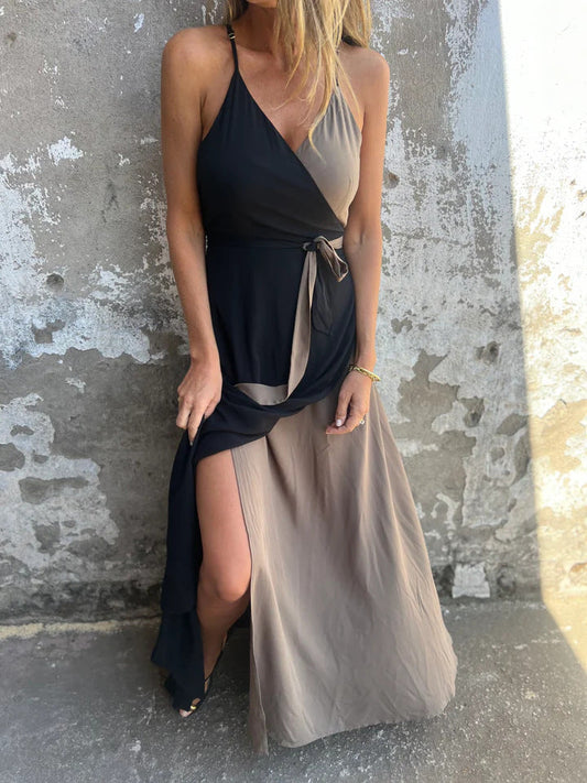 CM | Maxi vestido de mujer - Cuello halter - Cintura envolvente - Dobladillo asimétrico - Tejido de lujo
