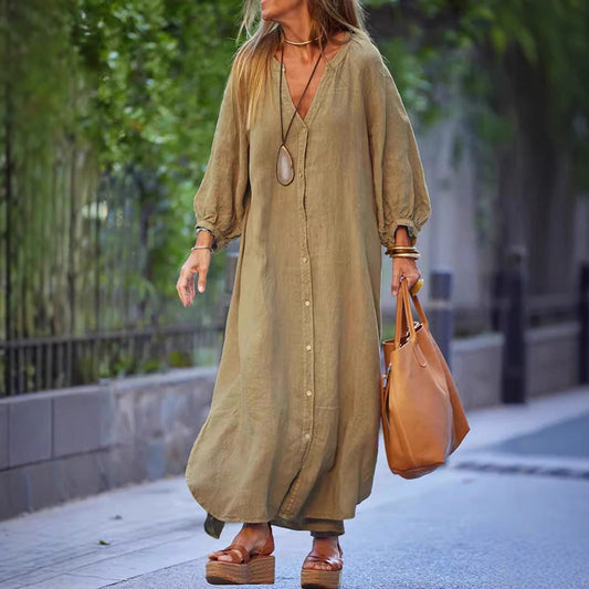 CM | Maxivestido de mujer - Corte relajado - Cuello en pico - Tapeta de botones - Manga larga - Mezcla transpirable